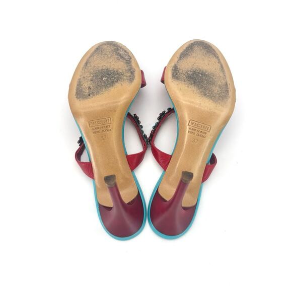 Vintage Giuseppe Zanotti Red Turquoise Floral Embellished Mules Sandals  37 - Picture 11 of 12